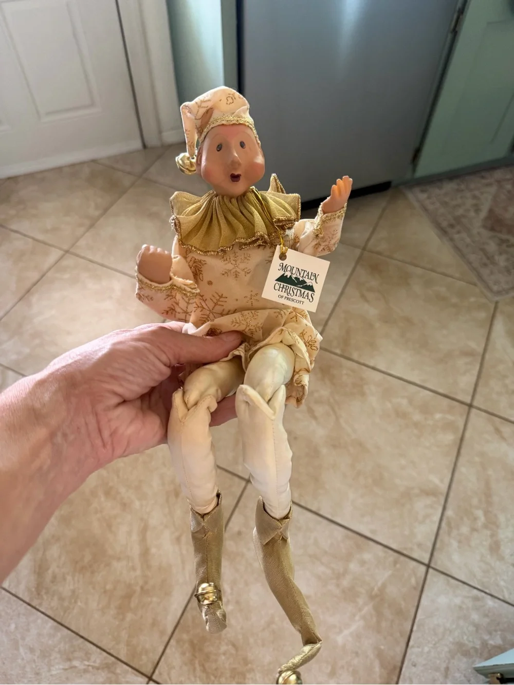 Mountain Christmas of Prescott Beige & Gold Holiday poseable Jester Doll NWT